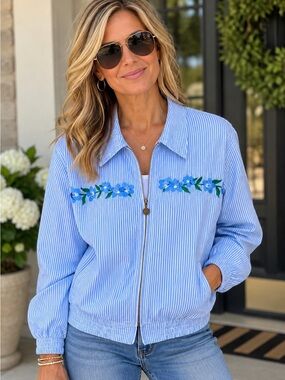 Hand Embroidered Light Blue Striped Jacket
